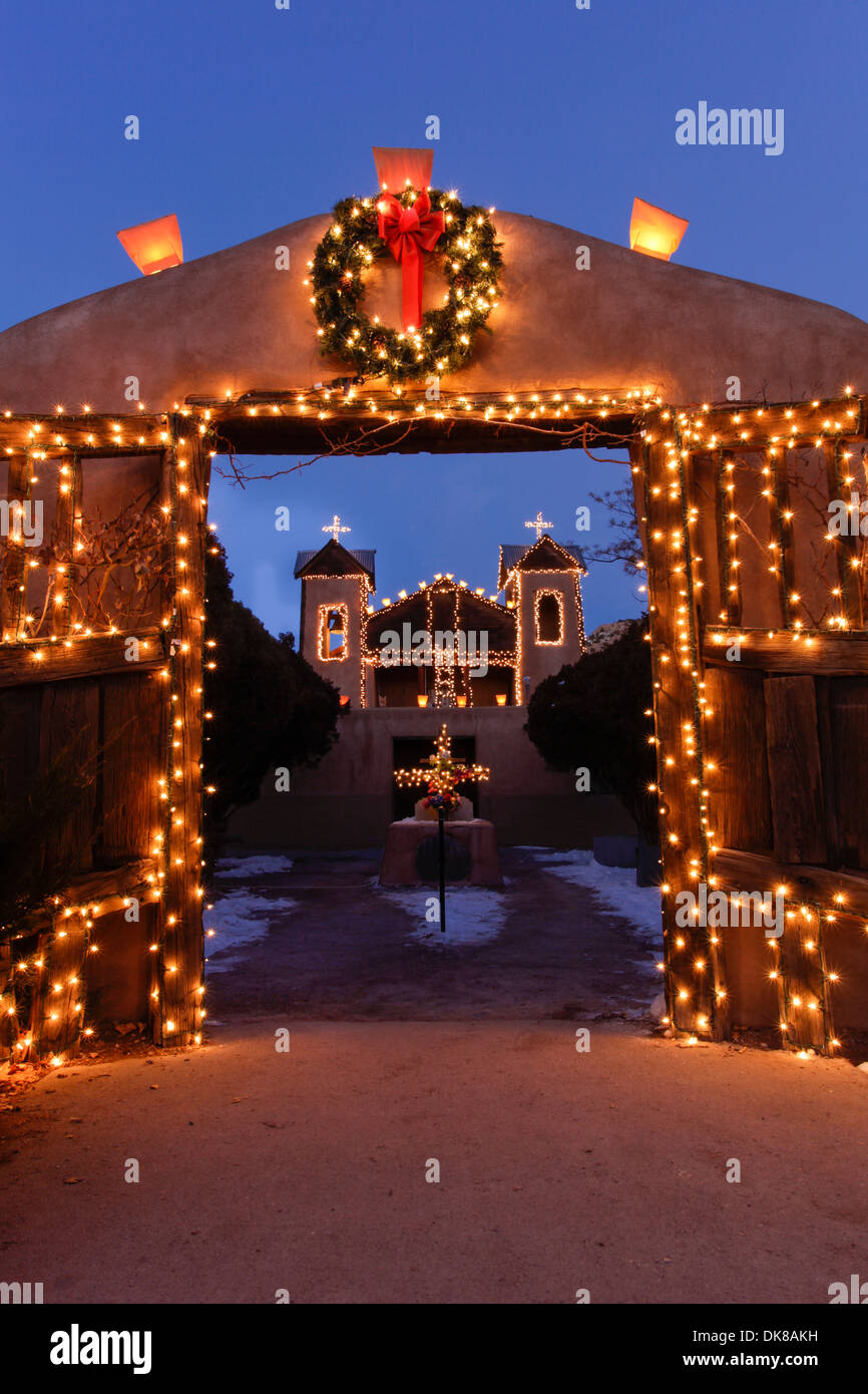 Santa Fe, New Mexico, United States. . Santurario de Chimayo lit up for