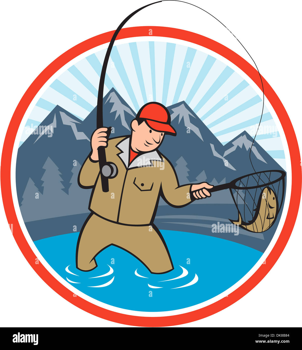 Illustration of a fly fisherman with fly rod and reel reeling and netting  up a trout fish set inside circle with lake, trees and mountain in  background done in cartoon style Stock