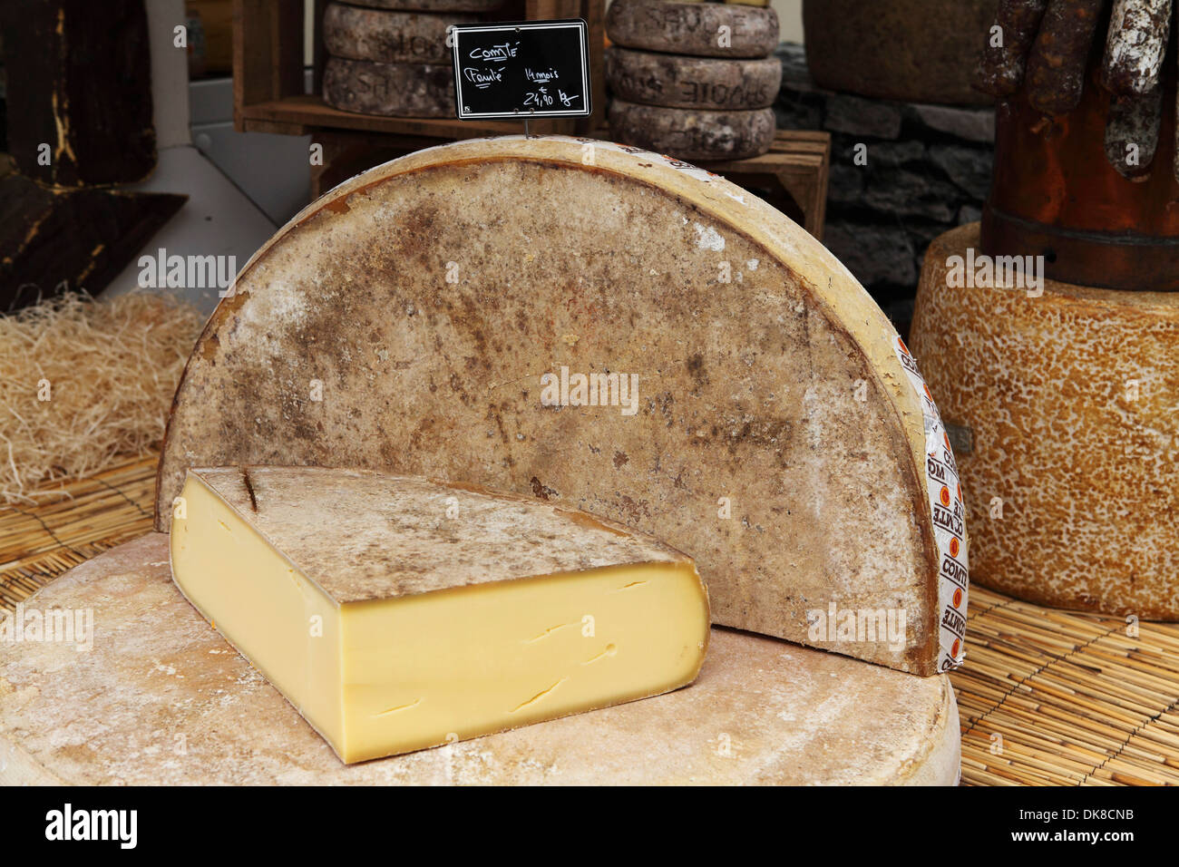 Cheese on sale at the weekly market at Place Guillaume II in Luxembourg. The market sells a