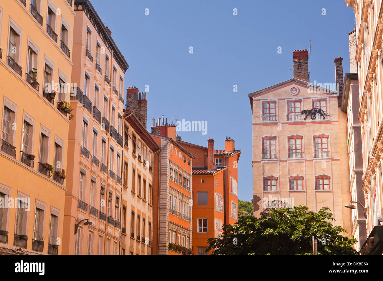 Painted building facades in Vieux Lyon. Stock Photo