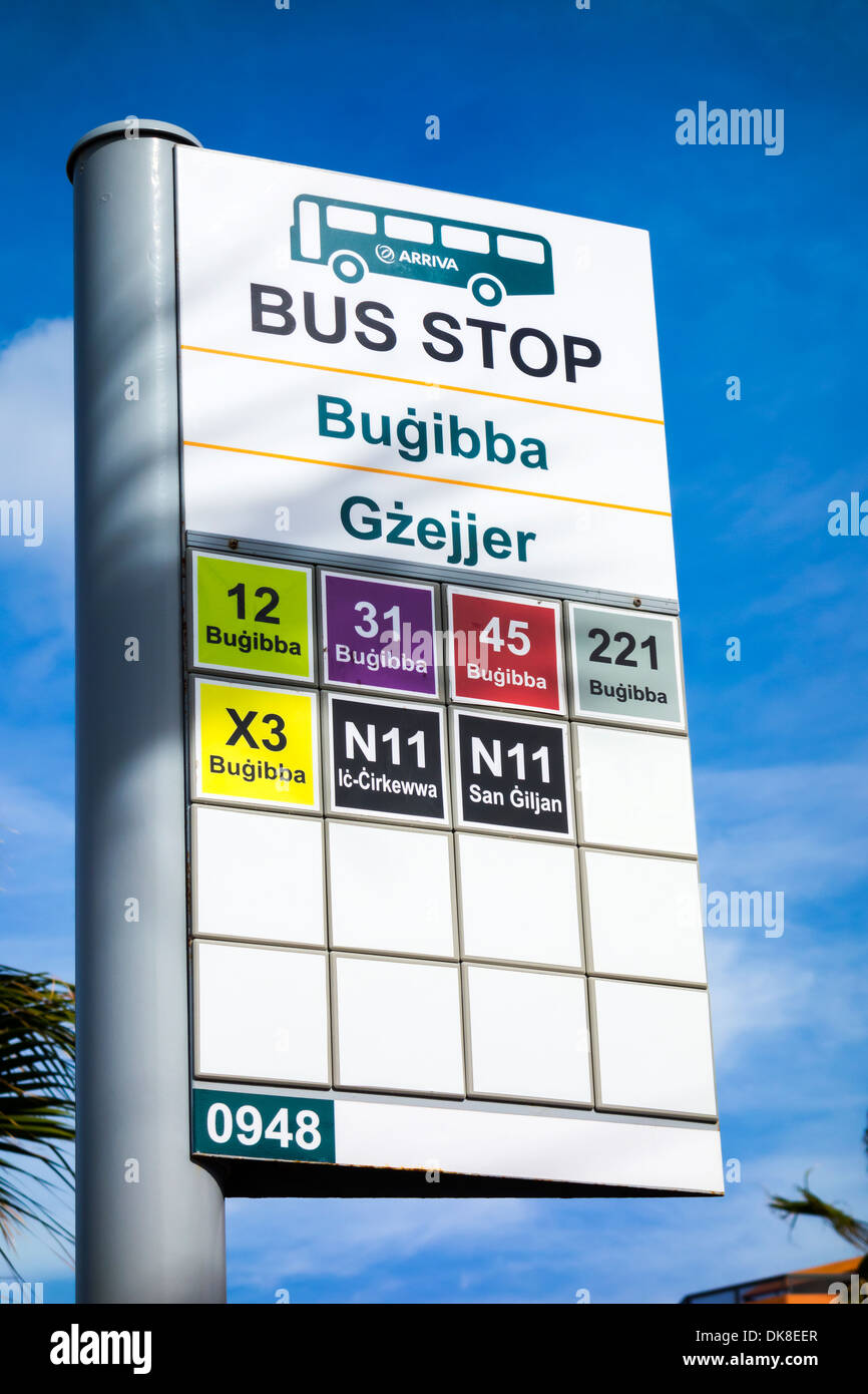 Arriva passenger bus stop sign, Bugibba, Gzejjer Malta Europe, stopping at San Giljan and Bugibba Stock Photo