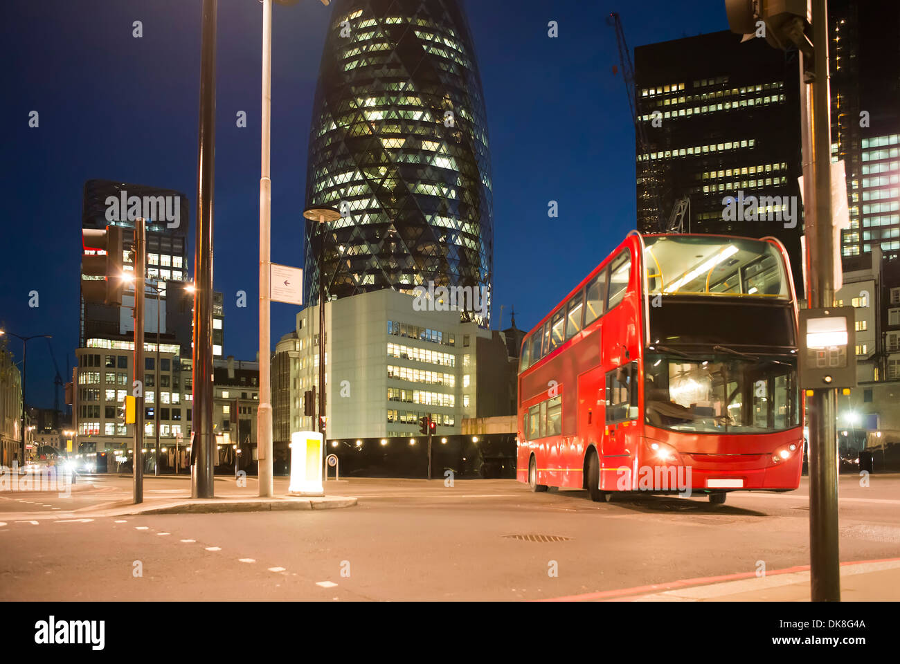 Red Bus in City of London. Night in city of London Stock Photo