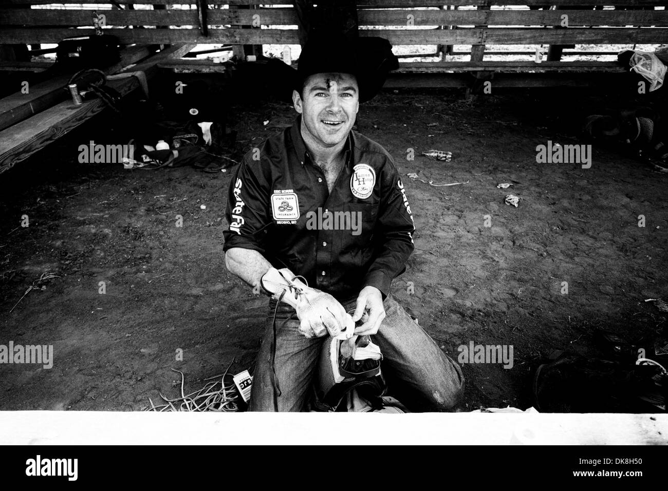 July 23, 2011 - Salinas, California, U.S - Bareback rider D.V. Fennell of Porum, OK prepares his rigging at the California Rodeo Salinas in Salinas, CA. (Credit Image: © Matt Cohen/Southcreek Global/ZUMAPRESS.com) Stock Photo