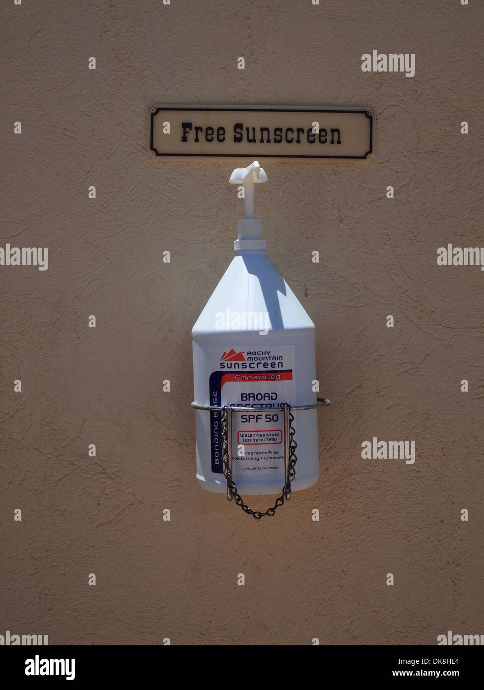 Free sunscreen offered at the entrance to the Streets of Tombstone Theatre in the American Old West of Tombstone, Arizona, USA Stock Photo