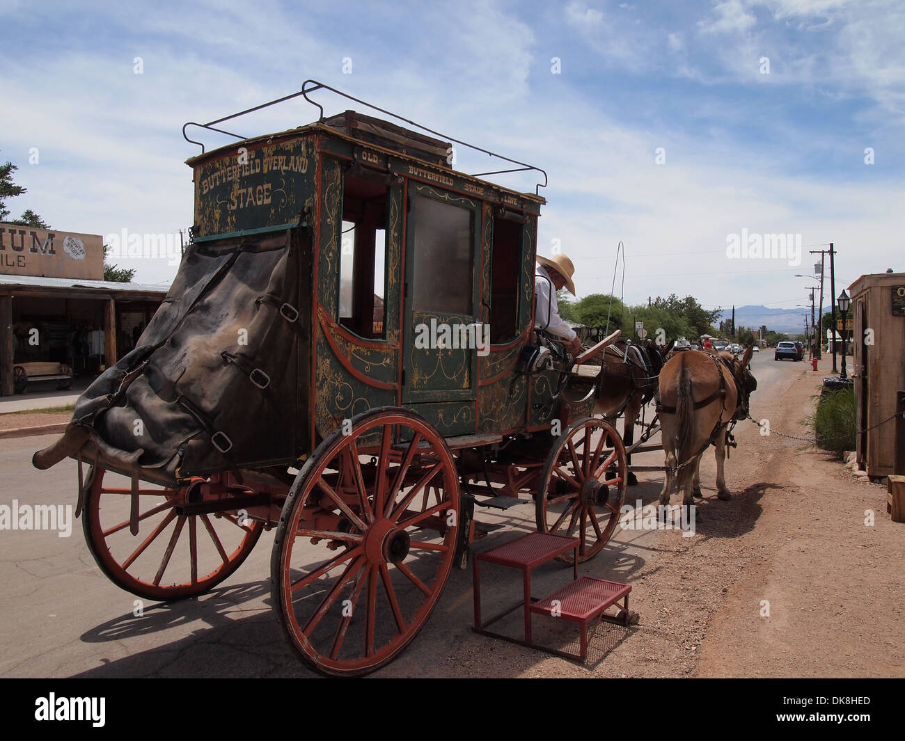 Stagecoach sits ready for tourists in the historical American Old West town of Tombstone, Arizona, USA Stock Photo