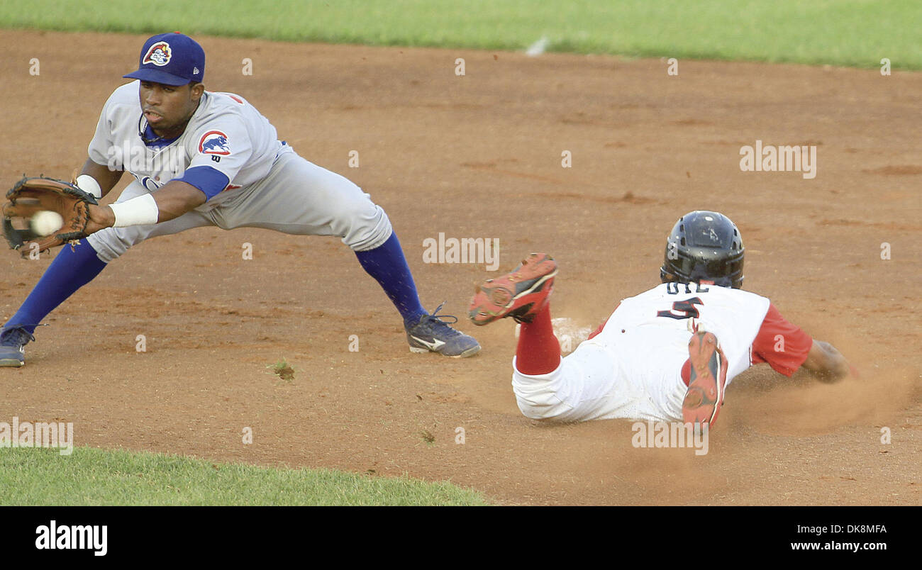 July 27, 2011 - Davenport, Iowa, U.S. - Quad-Cities' Ronny Gil steals  second while Peoria shortstop Arismendy Alcantara takes the throw during  Wednesday's game. (Credit Image: © John Schultz/Quad-City  Times/ZUMAPRESS.com Stock Photo -