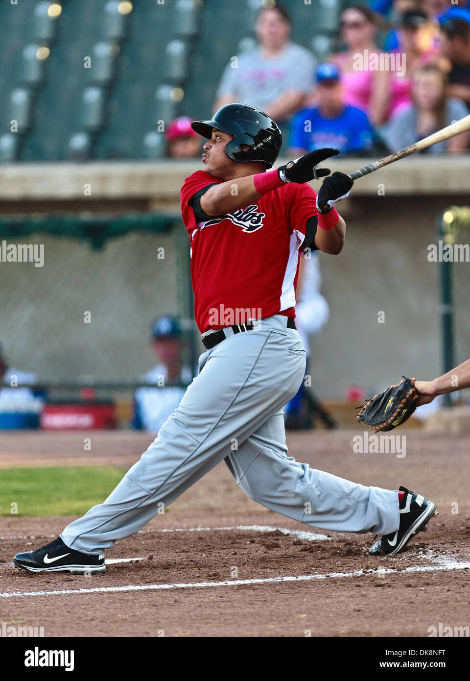 July 28, 2011 - Fort Worth, Texas, U.S - El Paso Diablos 1st Baseman Javier Brito (26) in action during the American Association of Independant Professional Baseball game between the El Paso Diablos and the Fort Worth Cats at the historic LaGrave Baseball Field in Fort Worth, Tx. Fort Worth defeats El Paso 10 to 9. (Credit Image: © Dan Wozniak/Southcreek Global/ZUMAPRESS.com) Stock Photo