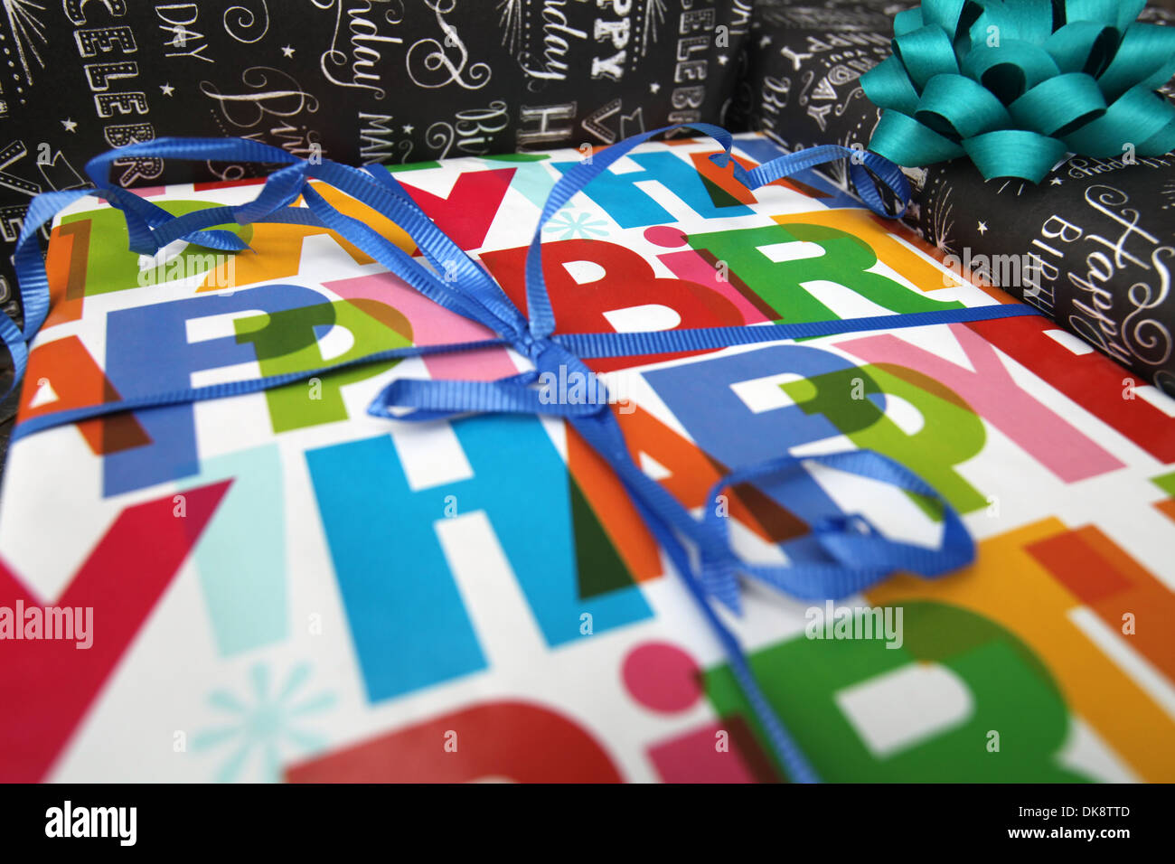 Gift wrapped Birthday presents. Stock Photo