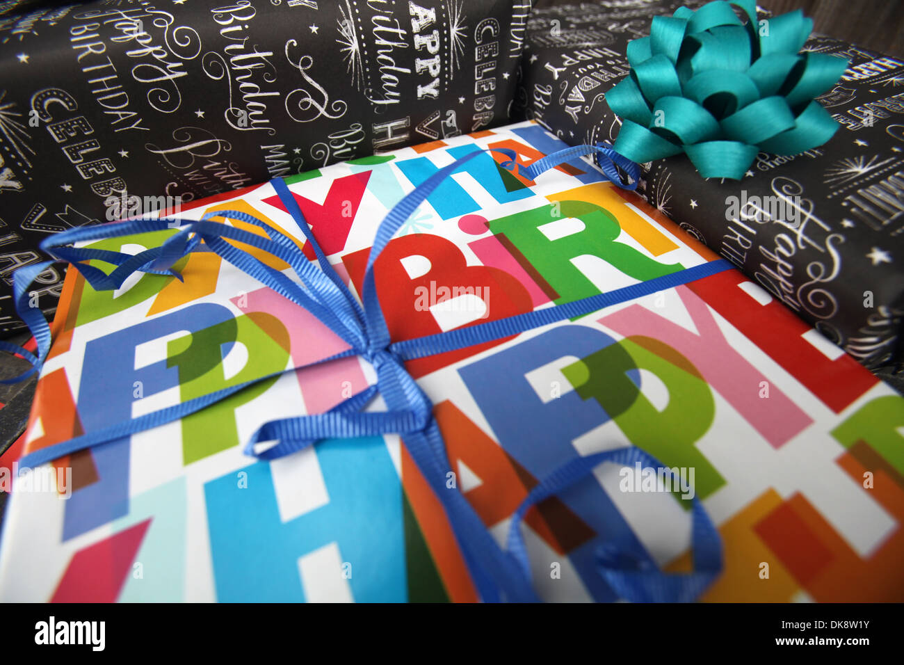Gift wrapped Birthday presents. Stock Photo