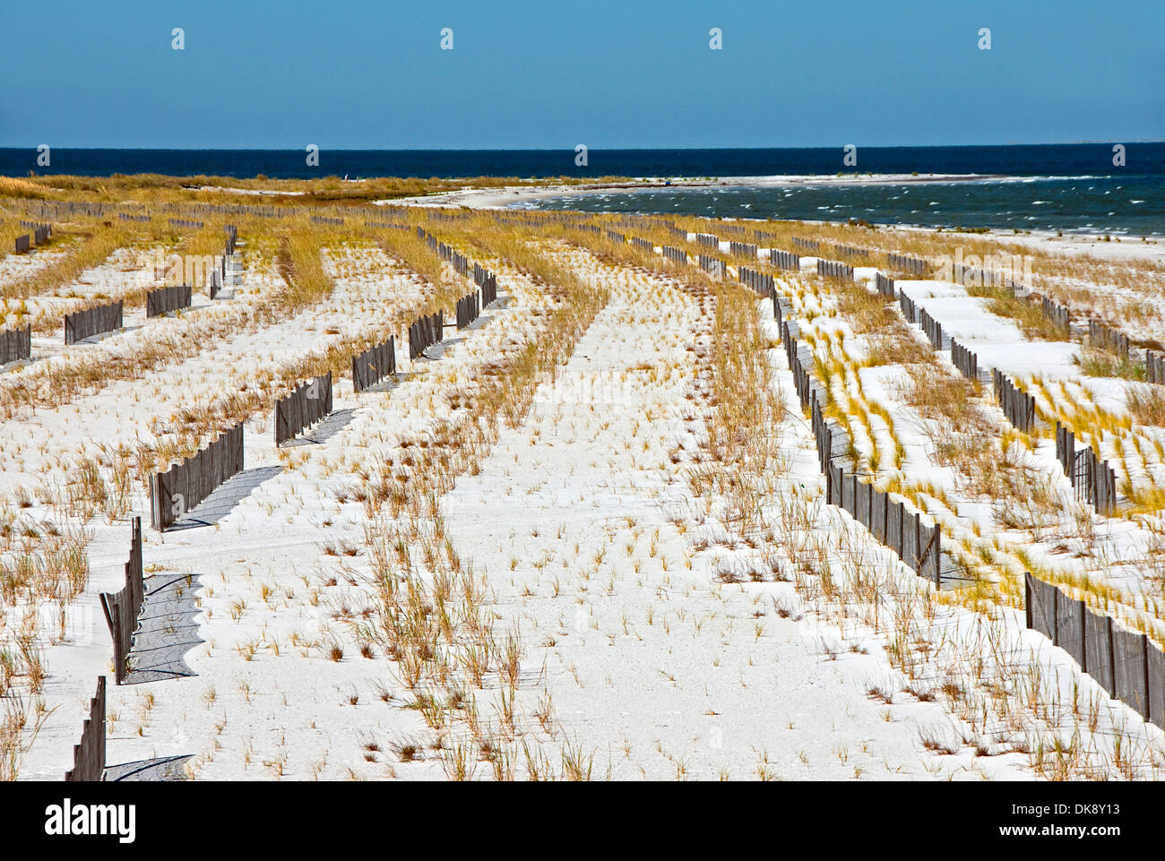 Fences to control sand erosion on West Ship Island of Gulf Islands National Seashore in Gulf of Mexico. Stock Photo