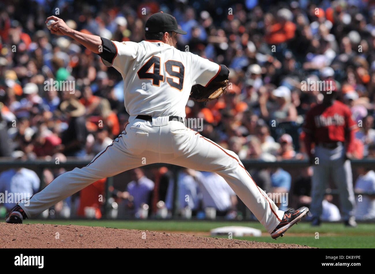 Aug. 3, 2011 - San Francisco, California, U.S. - San Francisco Giants relief pitcher JAVIER LOPEZ (49) pitches during Wednesday's game at At&t park.  The Giants beat the Diamondbacks 8-1. (Credit Image: © Scott Beley/Southcreek Global/ZUMAPRESS.com) Stock Photo