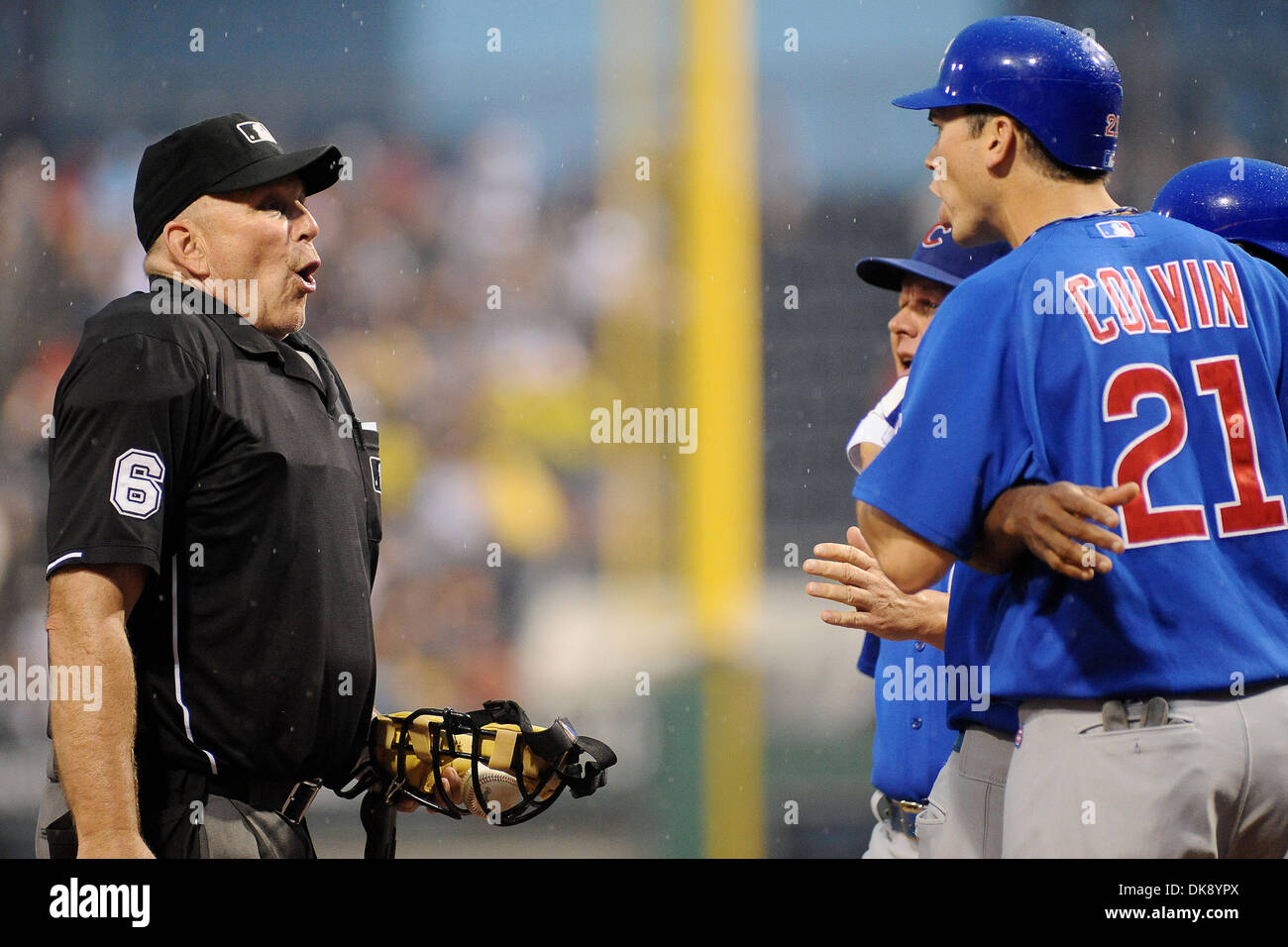 Aug. 3, 2011 - Pittsburgh, PENNSYLVANNIA, U.S - Chicago Cubs right fielder Tyler Colvin (21) continues to have words with home plate umpire Bob Davidson after being ejected during the fifth inning as the Pittsburgh Pirates take on the Chicago Cubs at PNC Park in Pittsburgh, PA....Cubs defeat the Pirates 1-0. (Credit Image: © Dean Beattie/Southcreek Global/ZUMAPRESS.com) Stock Photo