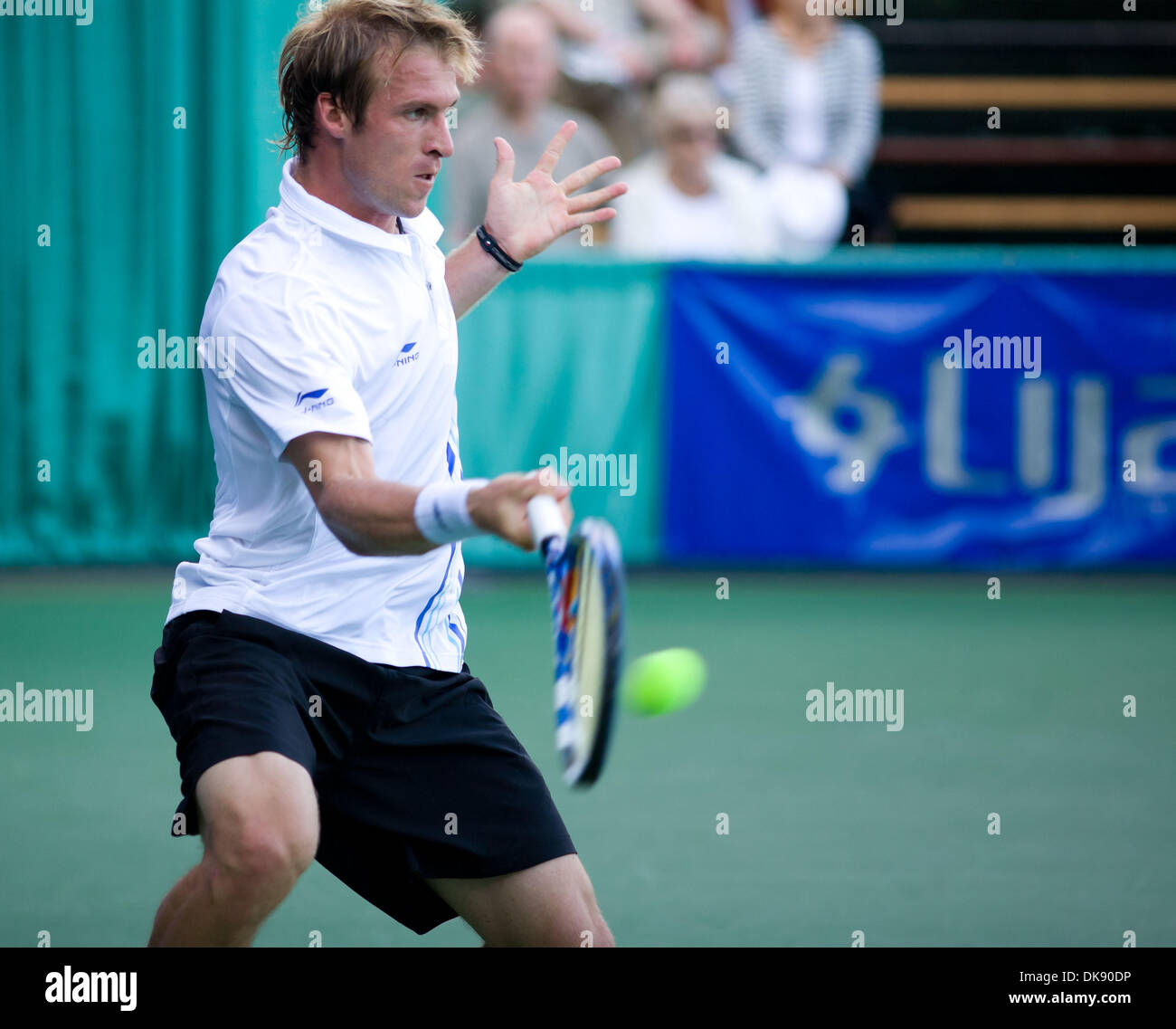 Aug. 05, 2011 - Vancouver, British Columbia, Canada - GREGA ZEMELJA of Slovenia returns a volley against R. Ginepri during their  men's singles quarterfinals match at the Odlum Brown Vancouver Open held at the Hollyburn Country Club. (Credit Image: © David Bukach/ZUMAPRESS.com) Stock Photo