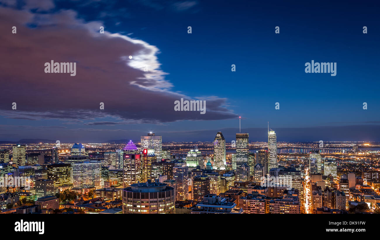 Aerial view of the Montreal skyline at night. Stock Photo