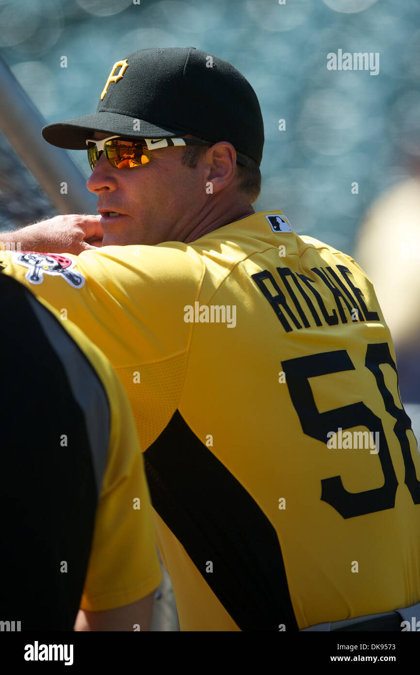 Aug. 10, 2011 - San Francisco, California, U.S - Pirates batting coach  Gregg Ritchie (58) watches batting practice before the MLB game between the  San Francisco Giants and the Pittsburgh Pirates at