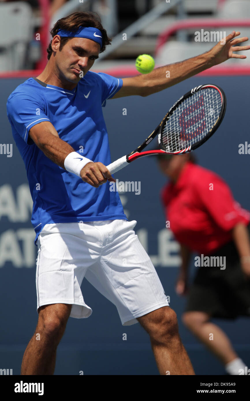 Aug. 10, 2011 - Montreal, Quebec, Canada - Third seeded ROGER FEDERER in  game action during the second round of the Rogers Cup Tennis. Federer won  in two straight sets 7-5, 6-3. (