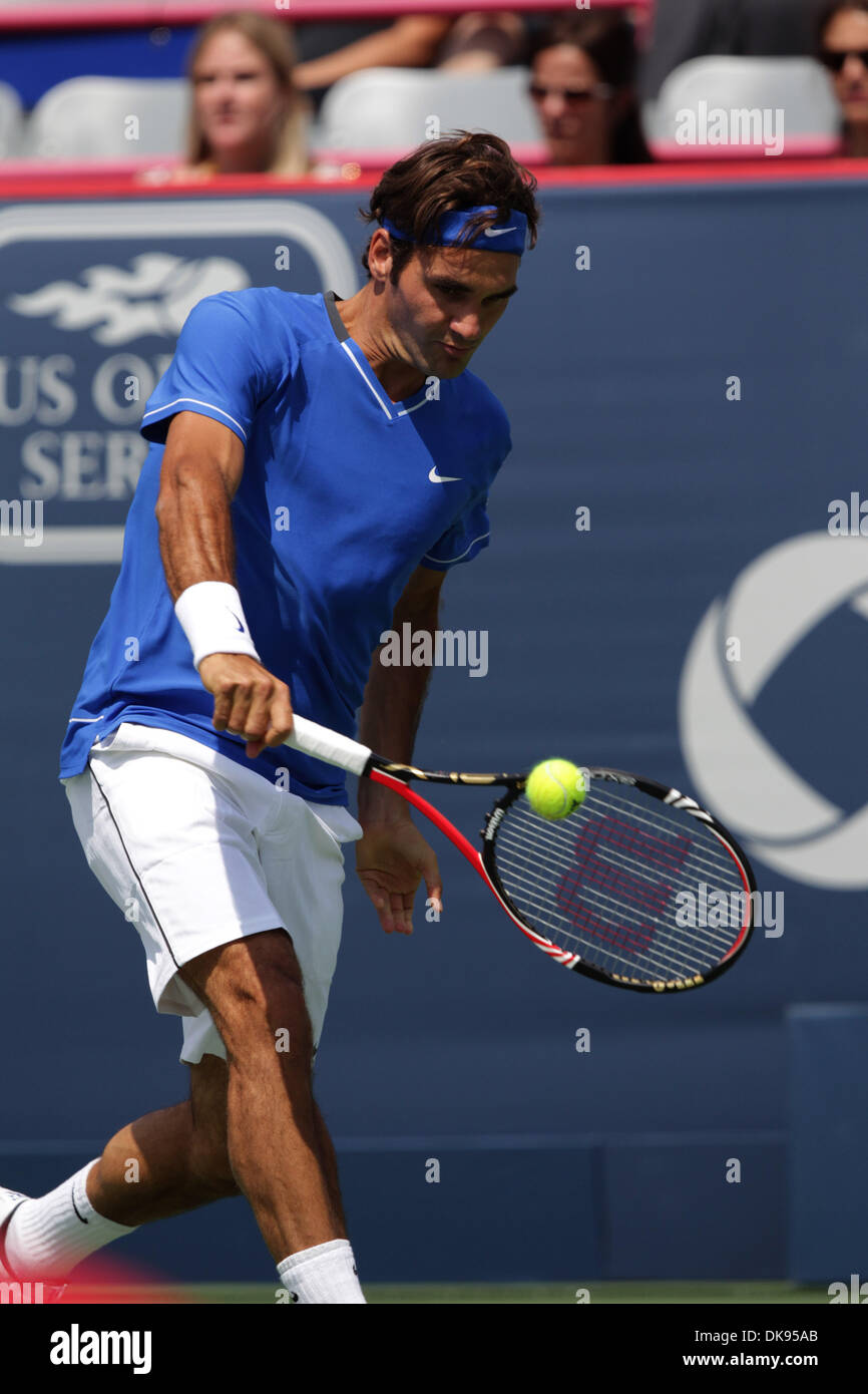 Aug. 10, 2011 - Montreal, Quebec, Canada - Third seeded Roger Federer in  game action during the second round of the Rogers Cup Tennis at Stade  Uniprix in Montreal, Canada. Federer won