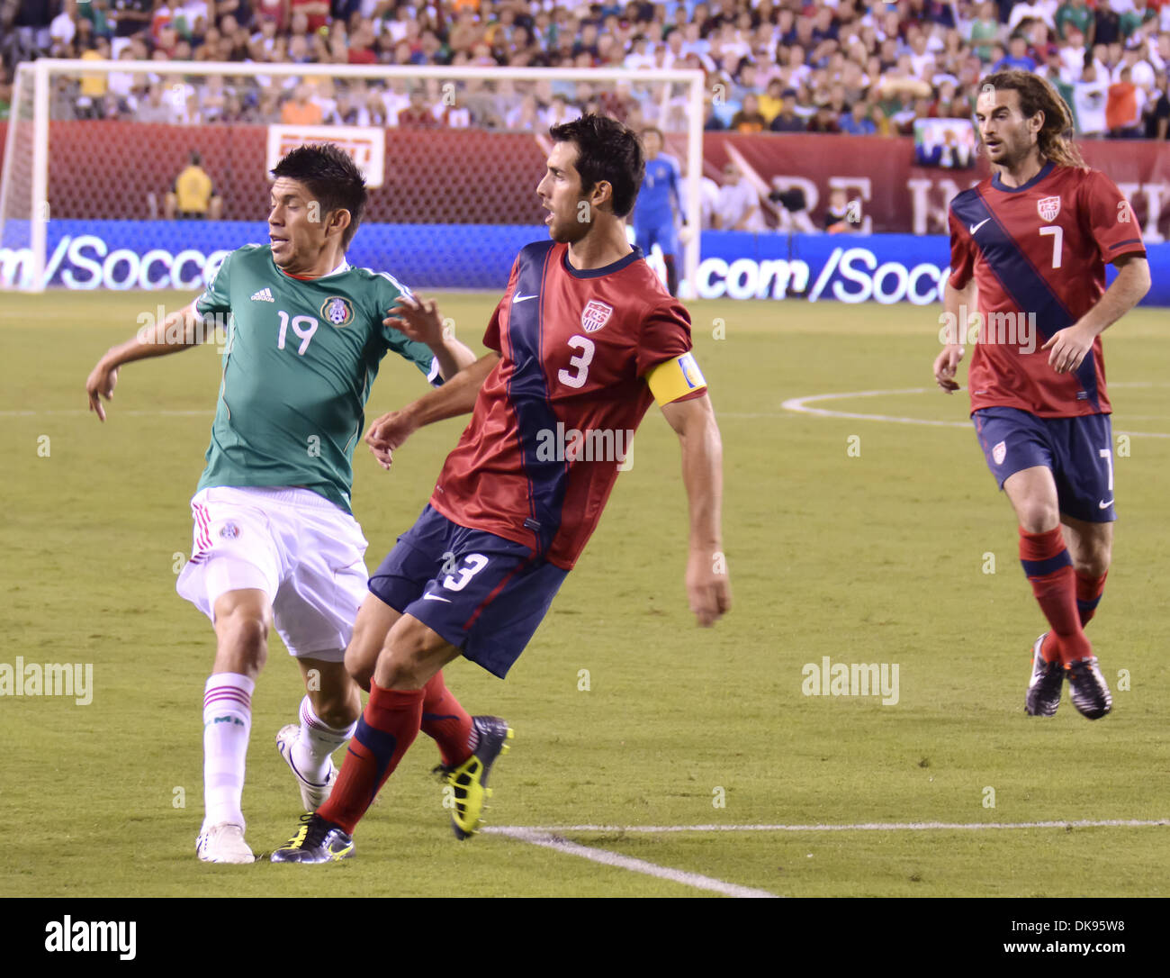 Aug. 10, 2011 - Philadelphia, PA, USA - US National Team player, CARLOS BOCANEGRA, fights for the ball against Mexico player, ORIBE PERALTA, during a friendly match with Mexico held at Lincoln Financial Field in Philadelphia Pa. (Credit Image: © Ricky Fitchett/ZUMAPRESS.com) Stock Photo