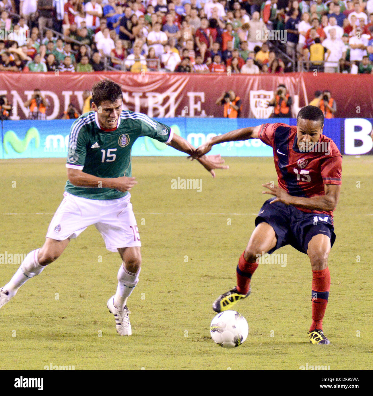 Aug. 10, 2011 - Philadelphia, PA, USA - US National Team player, RICARDO CLARK, fights fir the ball against Mexic player, HECTOR MORENO, during a friendly match with Mexico held at Lincoln Financial Field in Philadelphia Pa. (Credit Image: © Ricky Fitchett/ZUMAPRESS.com) Stock Photo
