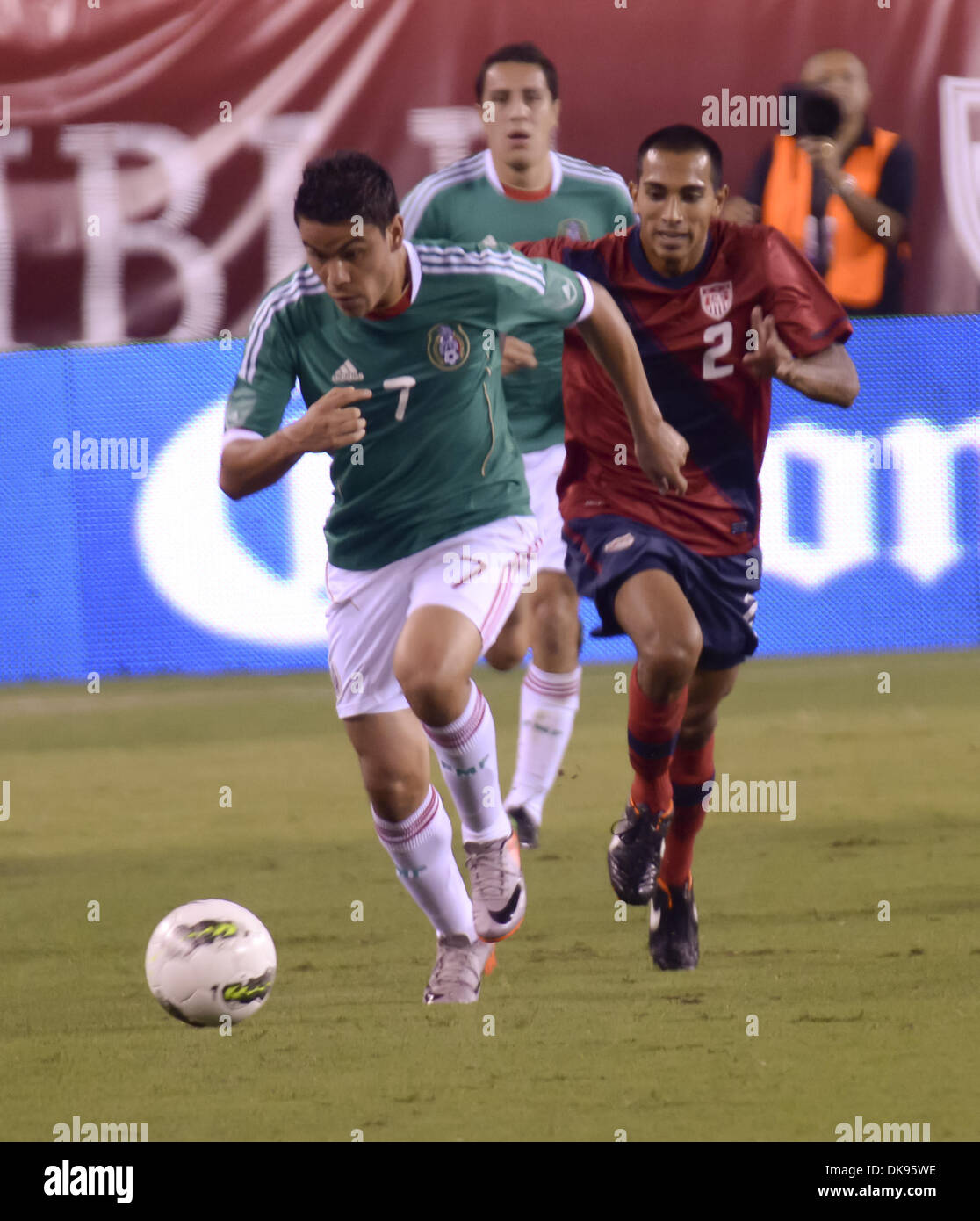 Aug. 10, 2011 - Philadelphia, PA, USA - US National Team player, EDGAR CASTILLO, fights for the ball against Mexico player, FRANCISCO JAVIER RODRIGUEZ, during a friendly match with Mexico held at Lincoln Financial Field in Philadelphia Pa. (Credit Image: © Ricky Fitchett/ZUMAPRESS.com) Stock Photo