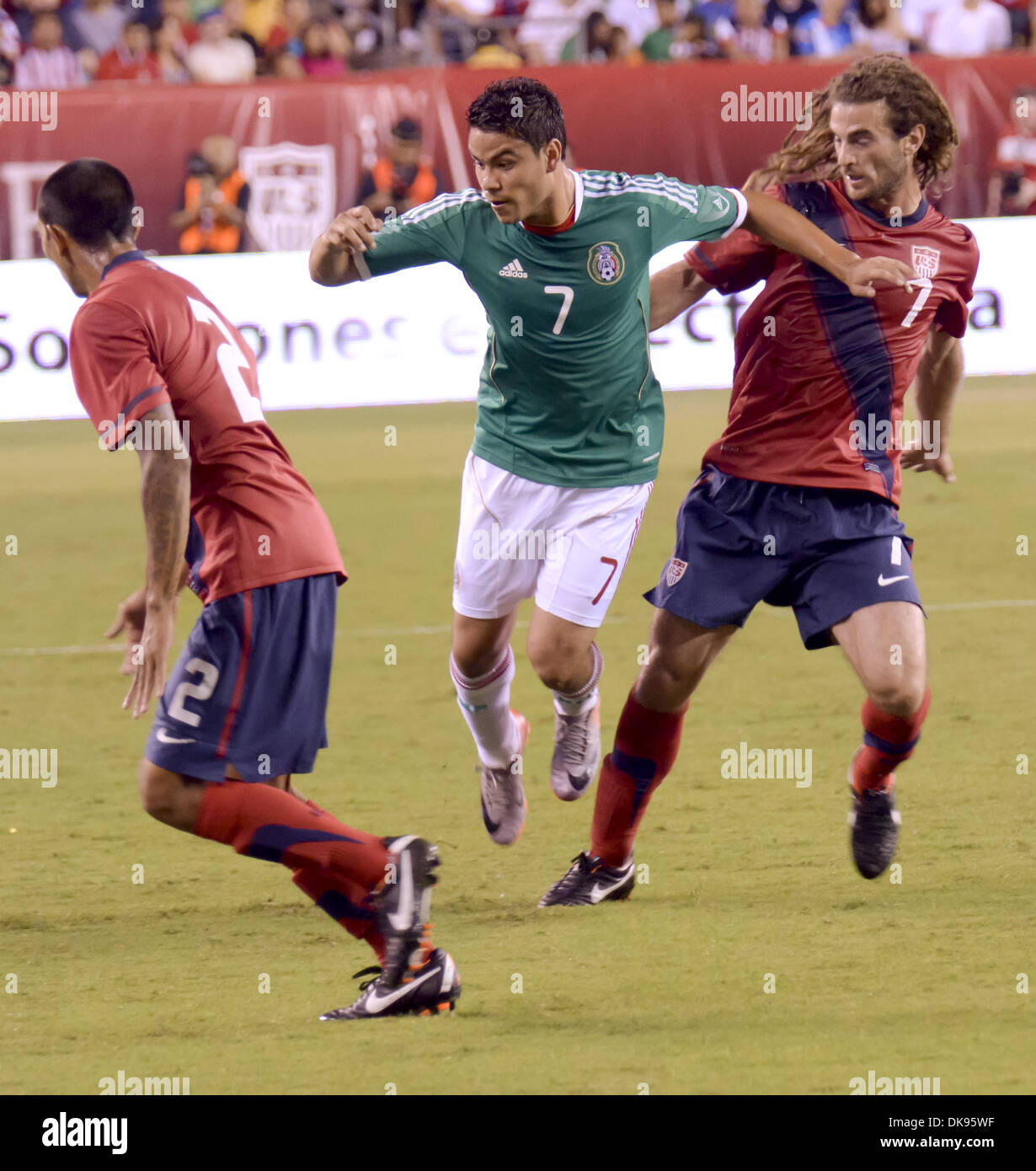 Aug. 10, 2011 - Philadelphia, PA, USA - US National Team player, KYLE BECKERMAN, fights for the ball against Mexico player, FRANCISCO JAVIER RODRIGUEZ, during a friendly match with Mexico held at Lincoln Financial Field in Philadelphia Pa. (Credit Image: © Ricky Fitchett/ZUMAPRESS.com) Stock Photo