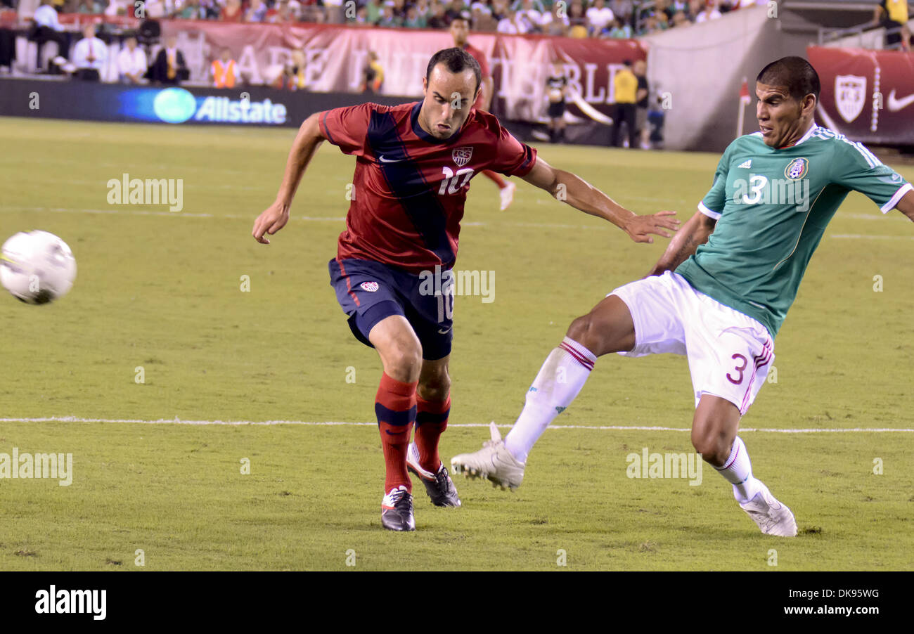 Aug. 10, 2011 - Philadelphia, PA, USA - US National Team player, LANDON DONOVAN, fights for the ball against Mexico player, CARLOS SALCIDO, during a friendly match with Mexico held at Lincoln Financial Field in Philadelphia Pa. (Credit Image: © Ricky Fitchett/ZUMAPRESS.com) Stock Photo