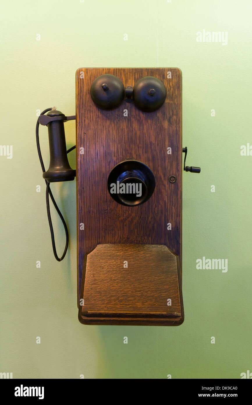 Vintage hand crank wall telephone, c. 1900 Stock Photo