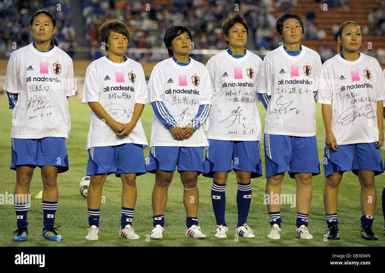 Aug. 19, 2011 - Tokyo, Japan - Players of Japan Women's National Team pose for photographs during the charity match for the earthquake and tsunami victims at the National Stadium in Tokyo, Japan. Japan Women's National Team defeated Nadeshiko League Team by 3-2. (Credit Image: © Shugo Takemi/Jana Press/ZUMAPRESS.com) Stock Photo