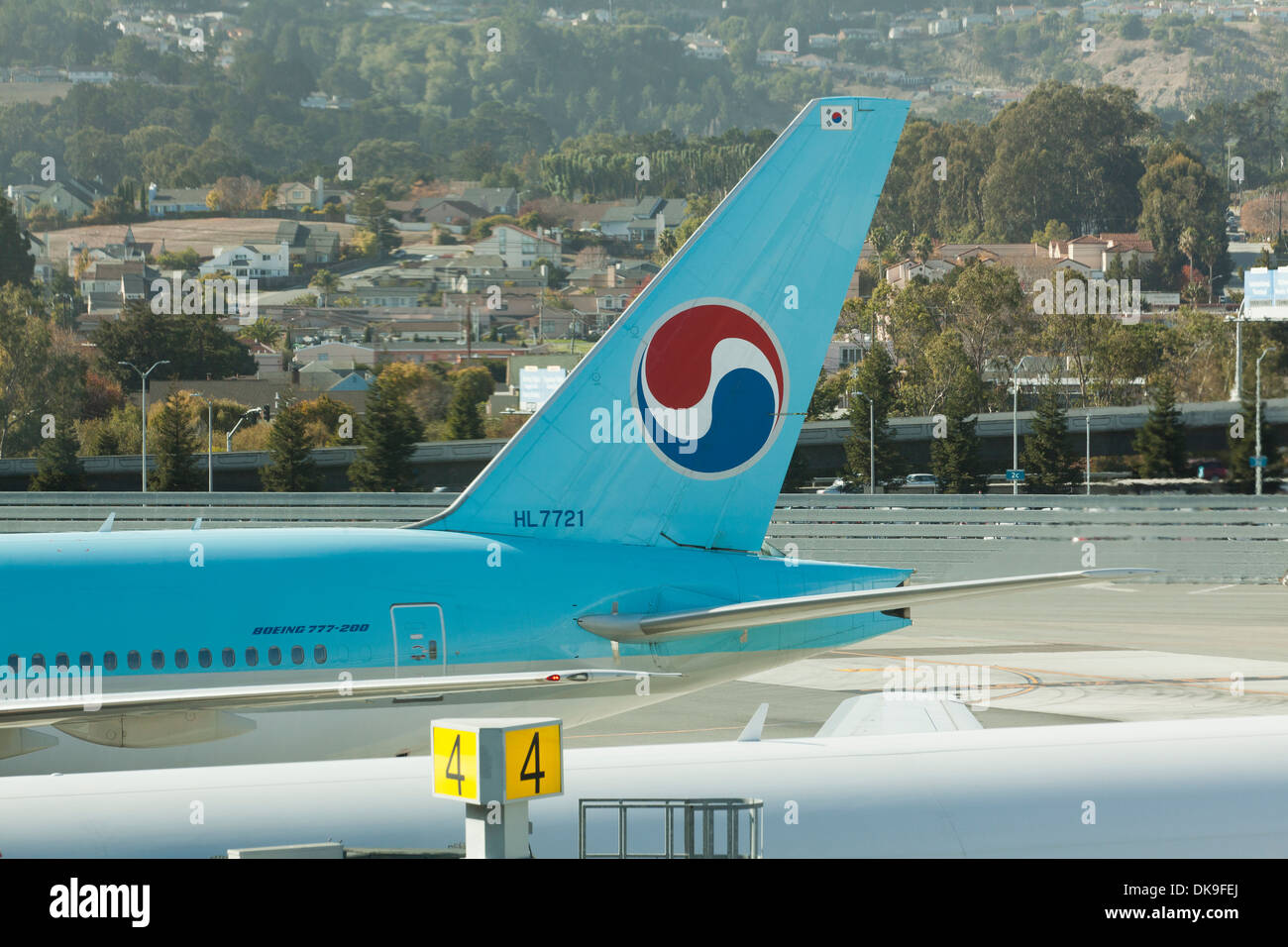 Korean Air Boeing 777-200 plane - San Francisco International Airport - California USA Stock Photo