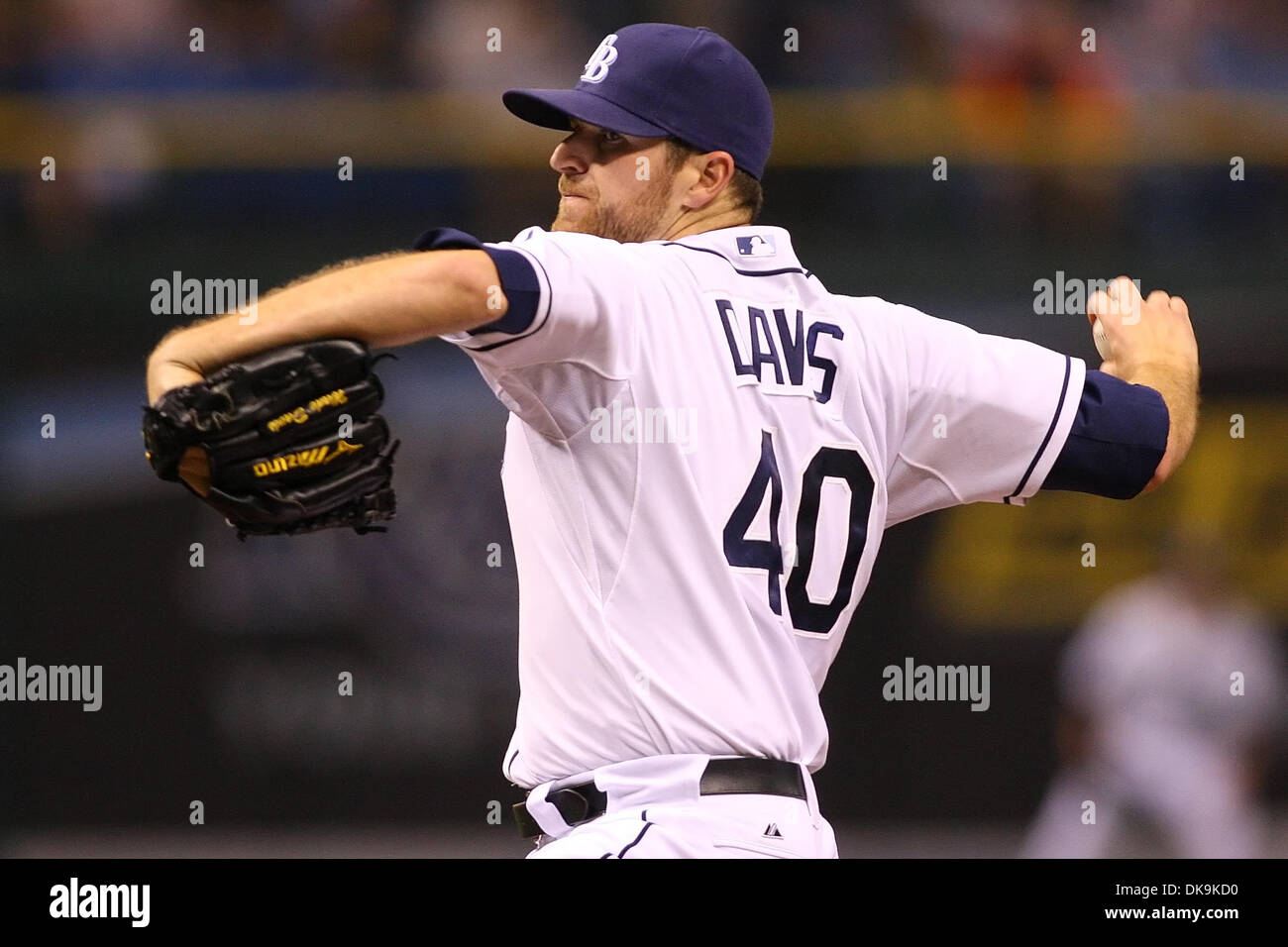 Aug. 24, 2011 - St.Petersburg, Florida, U.S - Tampa Bay Rays starting pitcher Wade Davis (40) throws in the first inning during a baseball game between the Tampa Bay Rays and the Detroit Tigers at Tropicana Field.  Tampa Bay Rays win 3 - 2 (Credit Image: © Luke Johnson/Southcreek Global/ZUMApress.com) Stock Photo