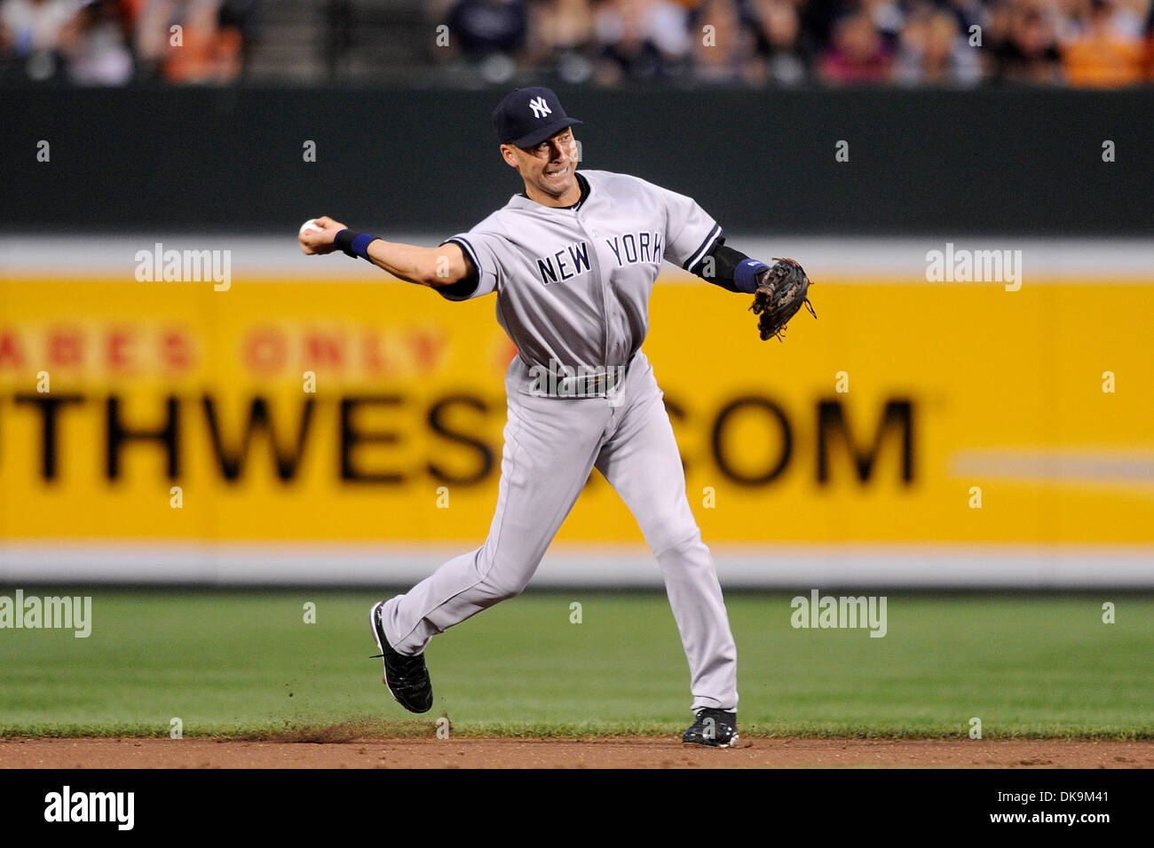 Aug. 26, 2011 - Baltimore, Maryland, U.S - New York Yankees Infielder Derek Jeter  (2) throws to first during a game between the New York Yankees and the Baltimore Orioles, the Orioles lead 6-0 through 2 inning (Credit Image: © TJ Root/Southcreek Global/ZUMApress.com) Stock Photo