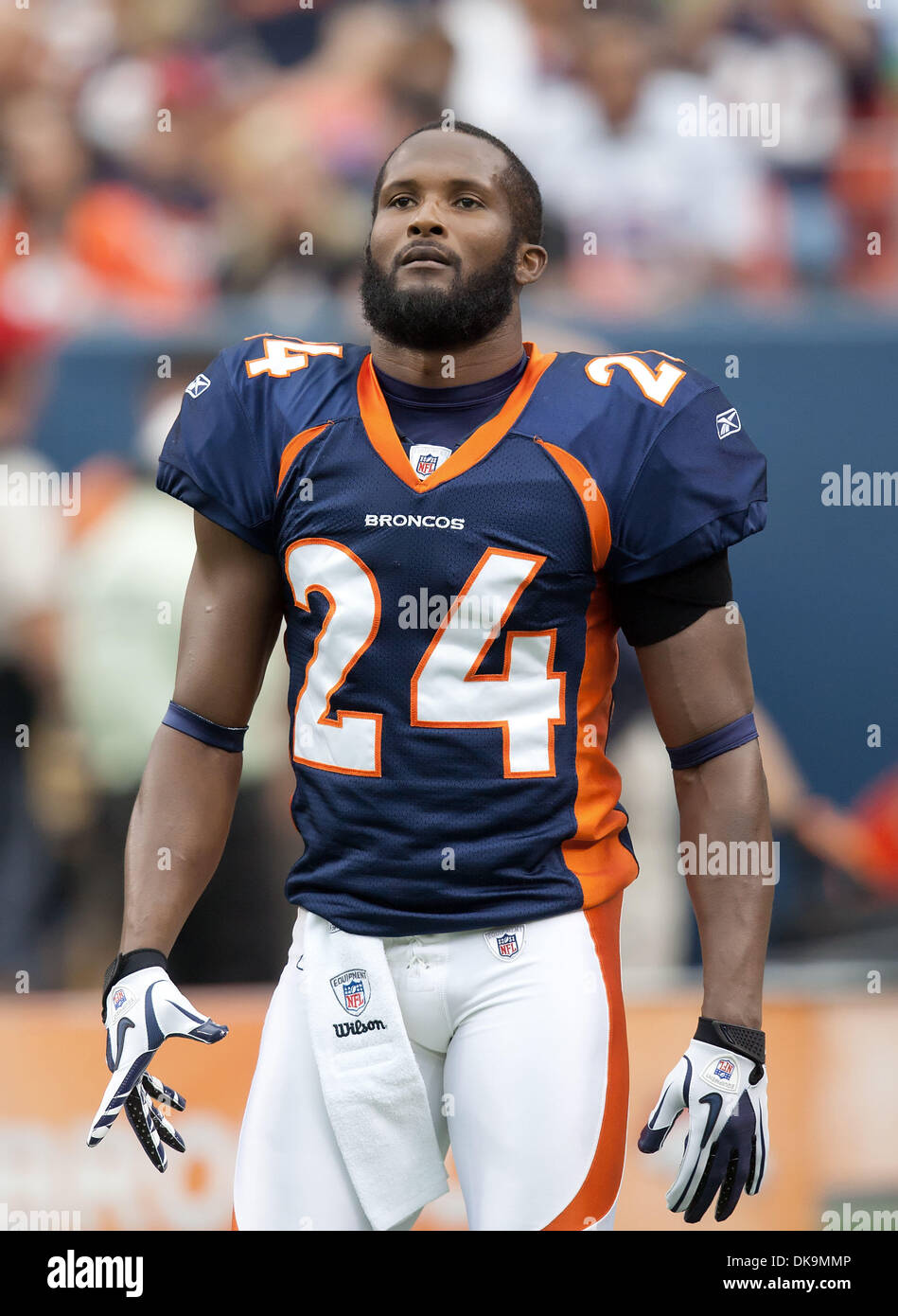 Aug. 27, 2011 - Denver, Colorado, U.S. - Broncos CB CHAMP BAILEY (24) readies himself for the start of the game during the Denver Broncos Pre-Season game against the Seattle Seahawks at Sports Authority Field at Mile High in Denver, Colorado. The Broncos win the game 23-20 over the Seahawks.  (Credit Image: © Hector Acevedo/ZUMAPRESS.com) Stock Photo