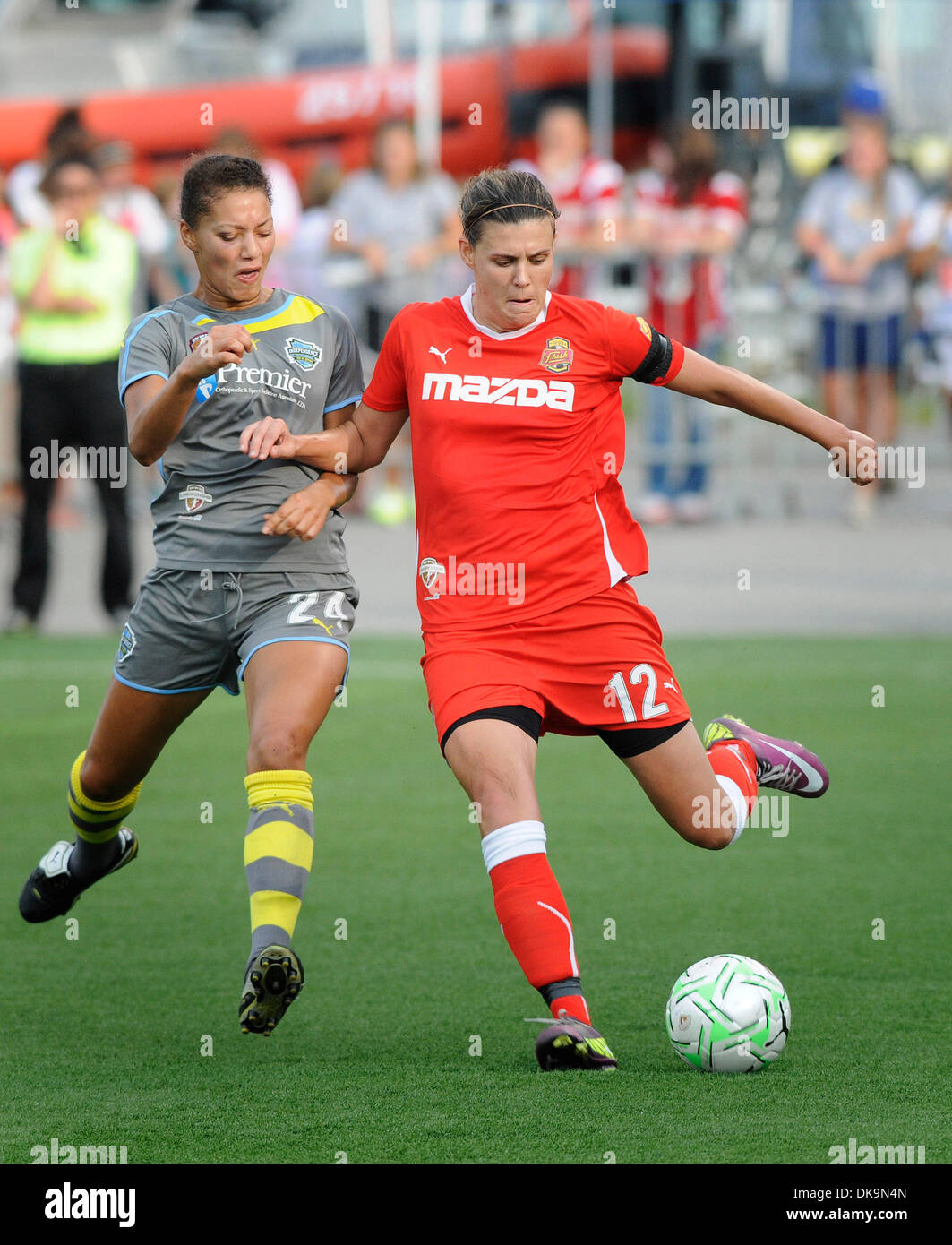 August 27, 2011: The Western New York Flash defeated the  Philadelphia Independence with a 5-4 penalty kick win at Sahlen's Stadium in Rochester, NY in Women's Professional Soccer (WPS) championship game. Western New York Flash's Christine Sinclair (12) and Philadelphia Independence's Estelle Johnson (24) in action during the WPS 2011 championship game.(Credit Image: © Alan Schwart Stock Photo