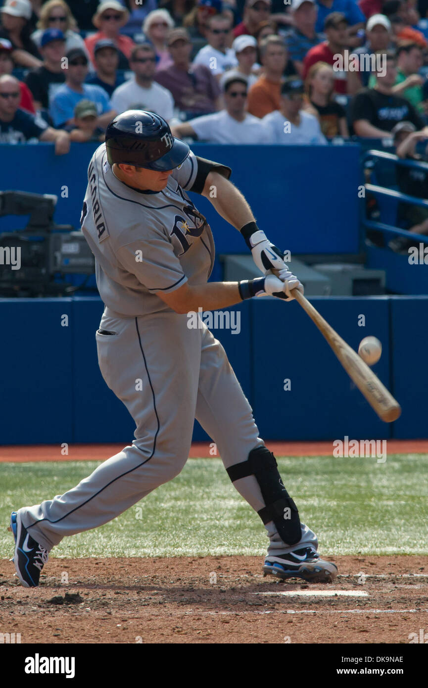 25 August 2009: Tampa Bay Rays third baseman Evan Longoria unsuccessfully  slides into 2nd base against the Toronto Blue Jays at the Rogers Centre in  Toronto, ON. The Rays beat the Blue