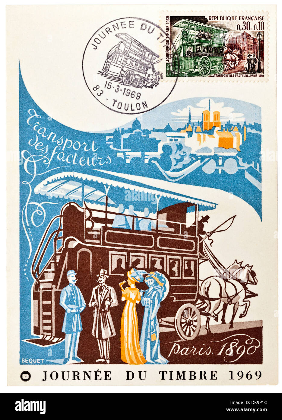 1969 French postcard depicting horse-drawn post bus in Paris 1890 - 'Journée du Timbre' (Stamp Day). Stock Photo