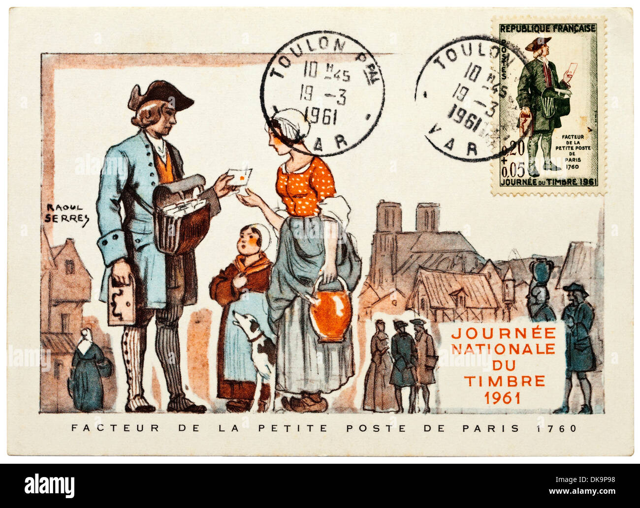 1961 French postcard depicting mailman in Paris 1760 - 'Journée du Timbre' (Stamp Day). Stock Photo