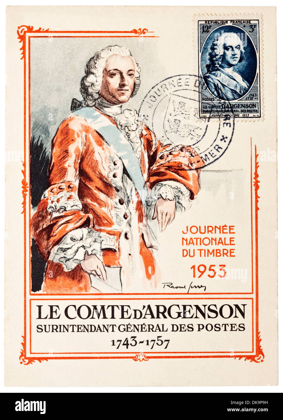 1953 French postcard depicting Le Comte d'Argenson, 1743-1757 - "Journée du Timbre" (Stamp Day). Stock Photo