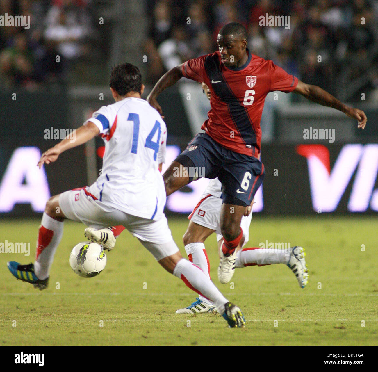 Sep. 2, 2011 - Los Angeles, California, U.S. - United States' MAURICE EDU, #6, and Costa Rica's RANDALL AZOFEIFA, #14, battle for the ball during the friendly soccer match at The Home Depot Center. Costa Rica defeated the United States, 1-0. (Credit Image: © Ringo Chiu/ZUMAPRESS.com) Stock Photo