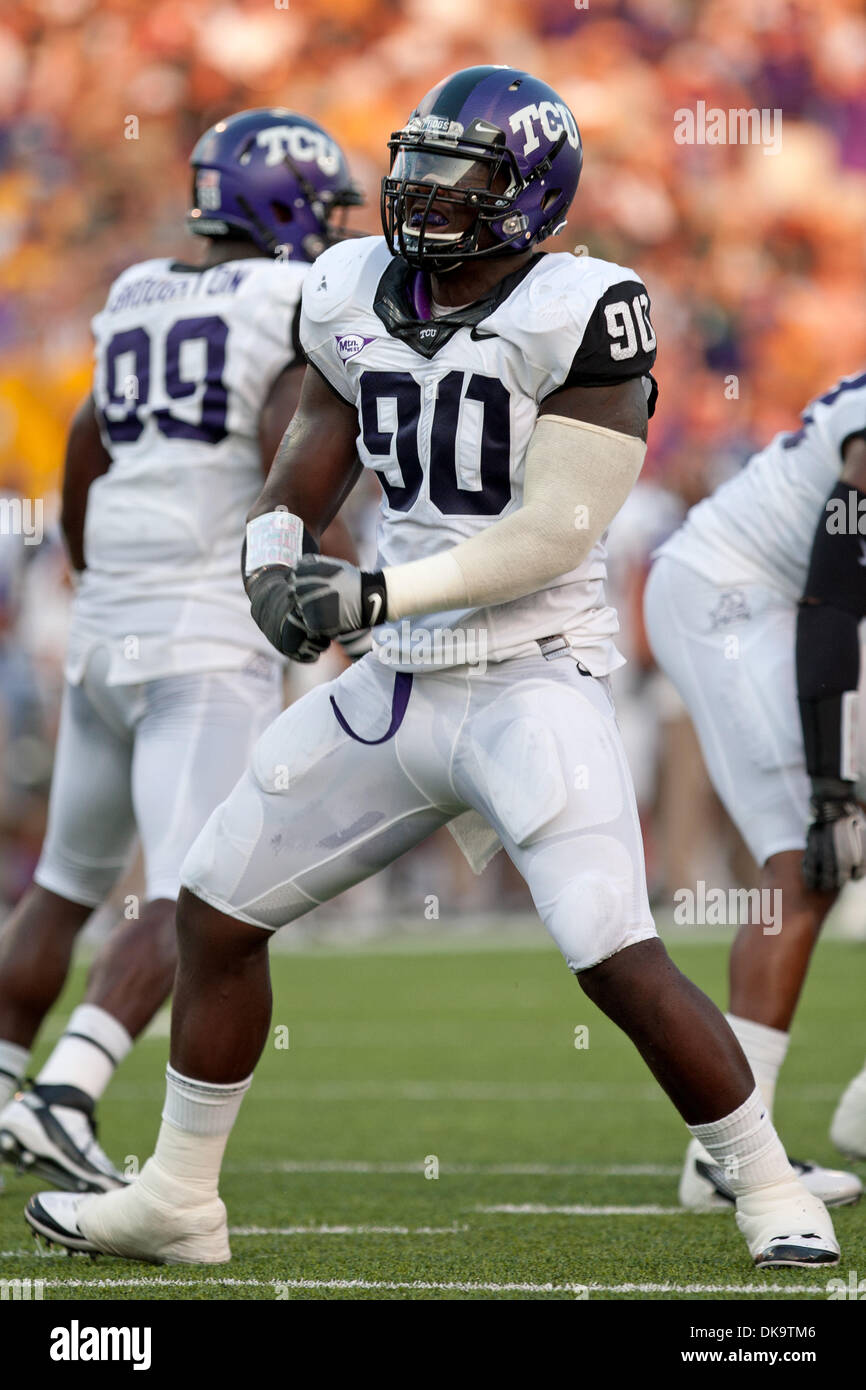 Sept. 2, 2011 - Waco, Texas, US - TCU Horned Frogs DE Stansly Maponga (90) celebrates a big tackle during action between the Baylor Bears and TCU Horned Frogs.  Baylor upsets TCU 50-48 at Floyd Casey Stadium. (Credit Image: © Andrew Dieb/Southcreek Global/ZUMAPRESS.com) Stock Photo