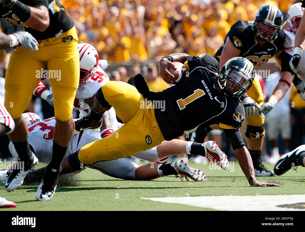 Sep. 03, 2011 - Columbia, Missouri, U.S. - JAMES FRANKLIN, Missouri's new starting quarterback falls into the endzone for the Tiger's and his first touchdown with him as a starter at Faurot Field. (Credit Image: © Grant Hindsley/ZUMA Press) Stock Photo