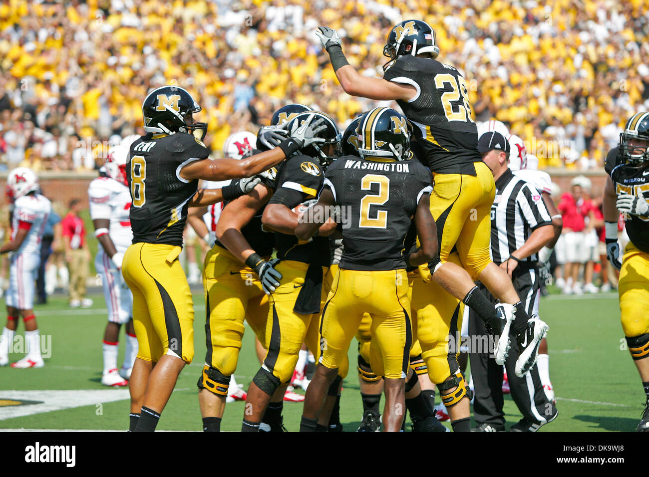 Sep. 03, 2011 - Columbia, Missouri, U.S - Mizzou teammates celebrates  Missouri Tigers quarterback James Franklin (1) touchdown during a game between the University of Missouri and Miami University (Ohio). The game was played on Faurot Field at Memorial Stadium on the campus of the University of Missouri in Columbia Missouri. The Missouri Tigers defeated the Miami Redhawks 17-6. (C Stock Photo