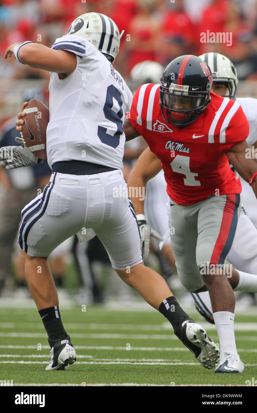 Sept. 3, 2011 - Oxford, Mississippi, United States of America - Ole Miss CB Marcus Temple (4) get in for the sack of BYU QB Jake Heaps (9).  BYU defeated Ole Miss 14-13  at Vaught Hemingway Stadium in Oxford, MS. (Credit Image: © Hays Collins/Southcreek Global/ZUMAPRESS.com) Stock Photo