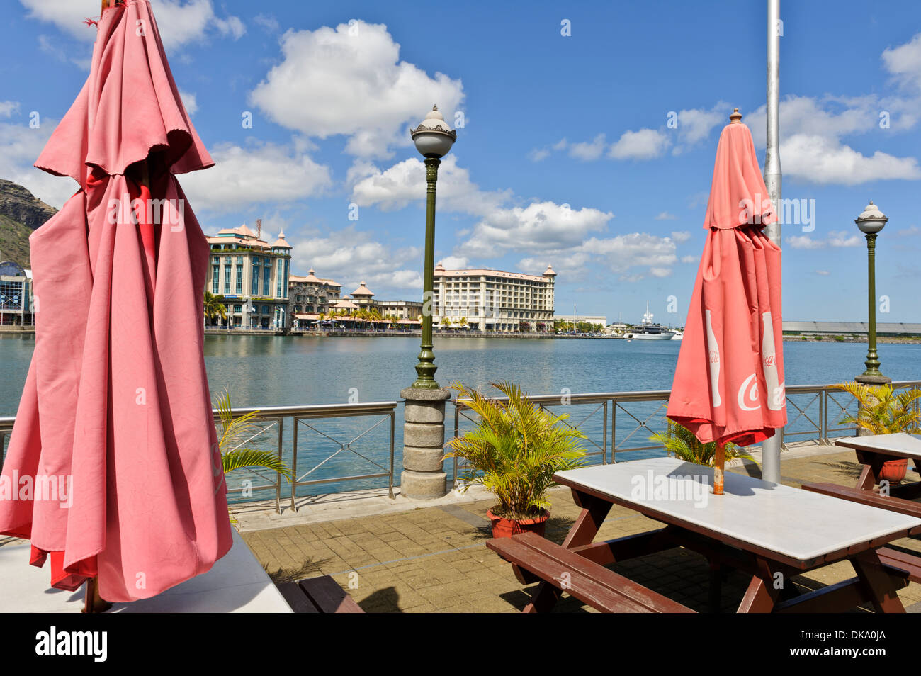 Caudan Waterfront with restaurants, bars and popular landmarks, Port Louis, Mauritius. Stock Photo