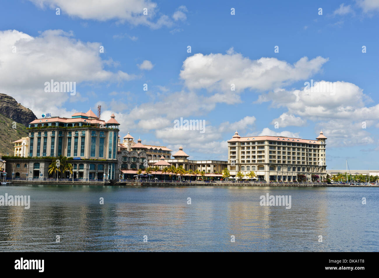 Caudan Waterfront with restaurants, bars and popular landmarks, Port Louis, Mauritius. Stock Photo