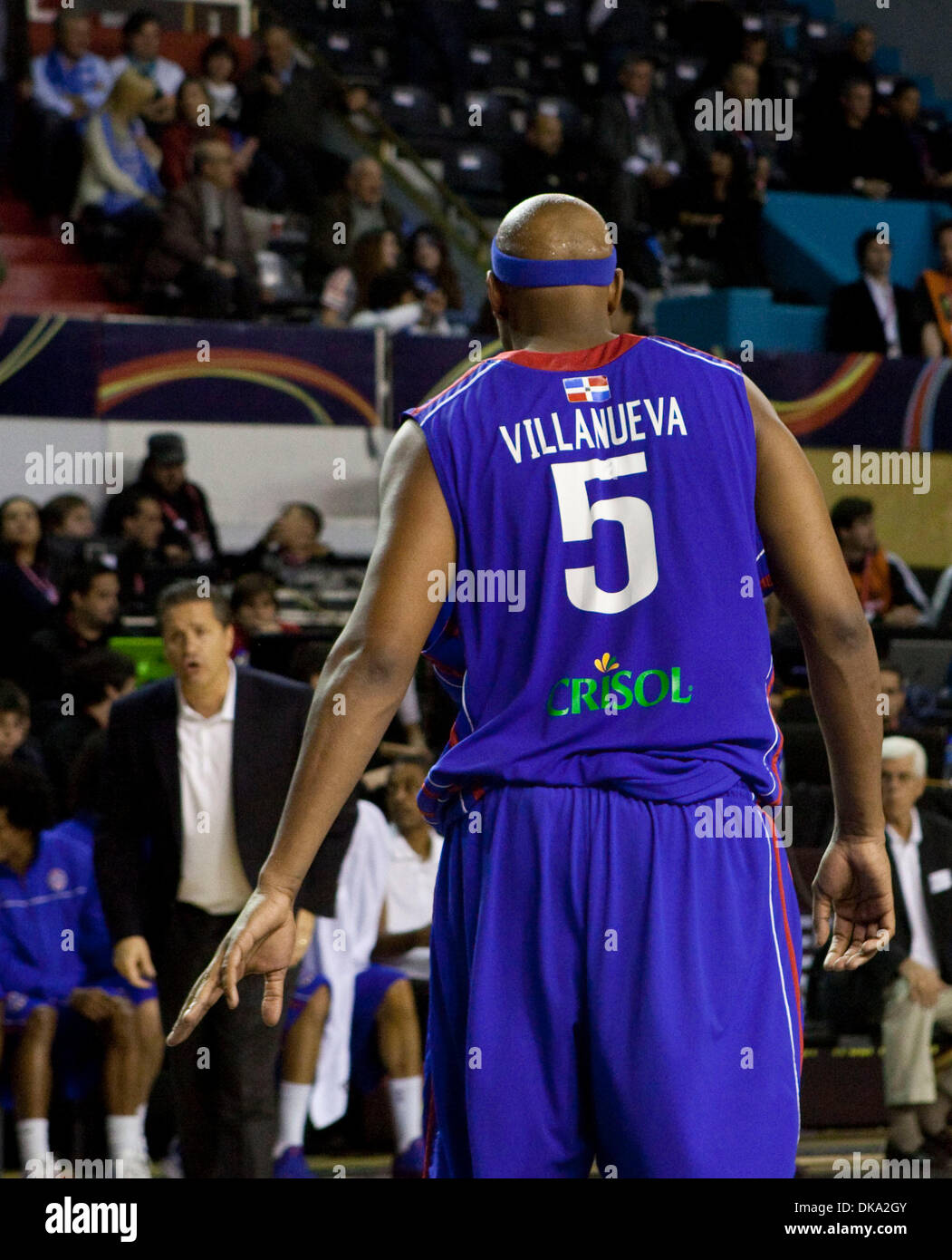 Sept. 10, 2011 - Mar del Plata, Buenos Aires, Argentina - The Dominican Republic's CHARLIE VILLANUEVA receives instruction from coach JOHN CALIPARI during the FIBA Americas 2011 semi-final basketball match between The Dominican Republic and Brazil. Brazil won the match 83-76, qualifying for the 2012 Olympics in London. (Credit Image: © Ryan Noble/ZUMApress.com) Stock Photo