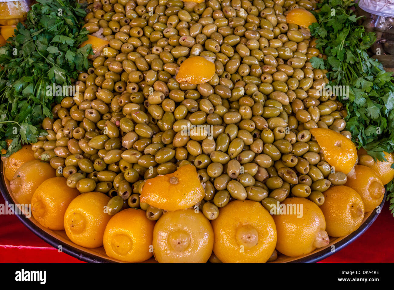 Spicy Olives for Sale, The Indoor Market, Agadir, Morocco Stock Photo