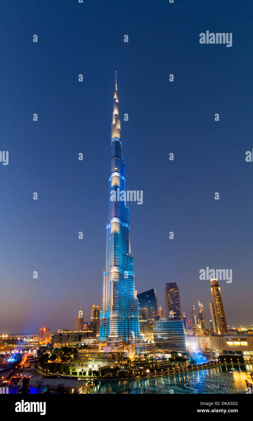 Burj Khalifa tower floodlit in blue during National Day celebrations on 2 1 December 2013 in Dubai United Arab Emirates Stock Photo