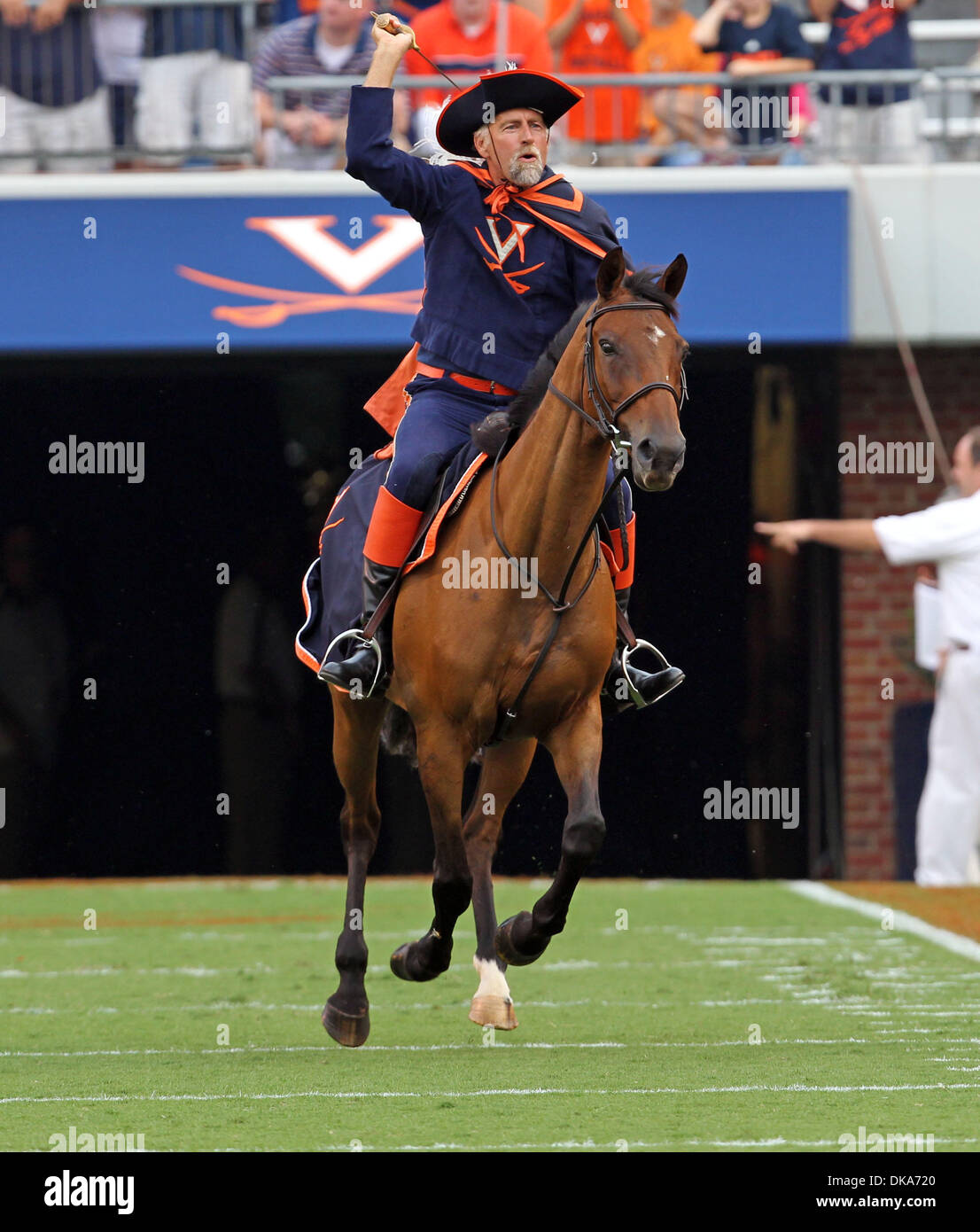 Sept. 3, 2011 - Charlottesville, Virginia - USA; Virginia Cavaliers Mascot rides his horse during an NCAA football game against William & Mary at Scott Stadium. Virginia won 40-3. (Credit Image: © Andrew Shurtleff/ZUMApress.com) Stock Photo