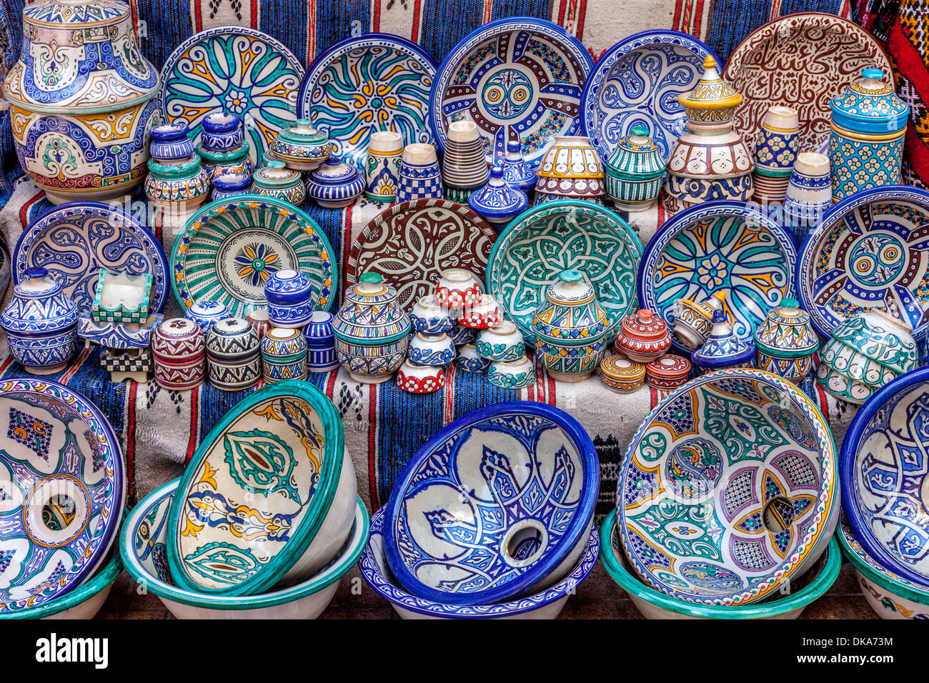 Ceramic Plates and Bowls for Sale, The Souk, Essaouira, Morocco Stock