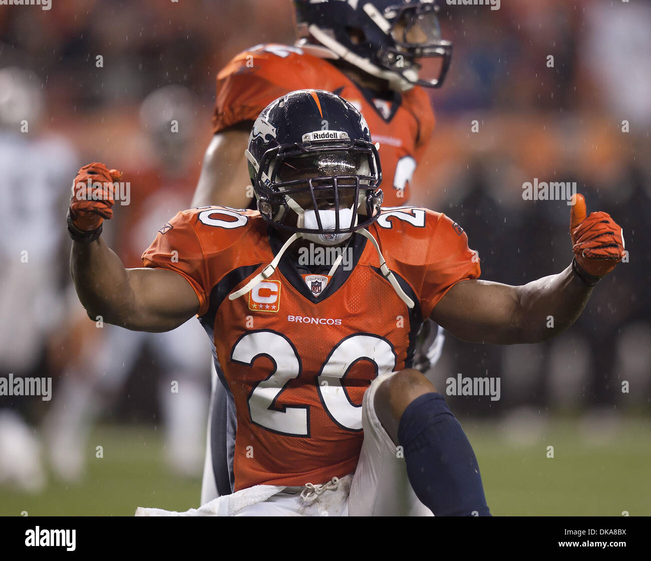 Sep. 12, 2011 - Denver, Colorado, U.S. - Broncos S BRIAN DAWKINS celebrates after making a sock at Sports Authority Field at Mile High. The Oakland Raiders defeated the Denver Broncos 23-20. (Credit Image: © Hector Acevedo/ZUMAPRESS.com) Stock Photo